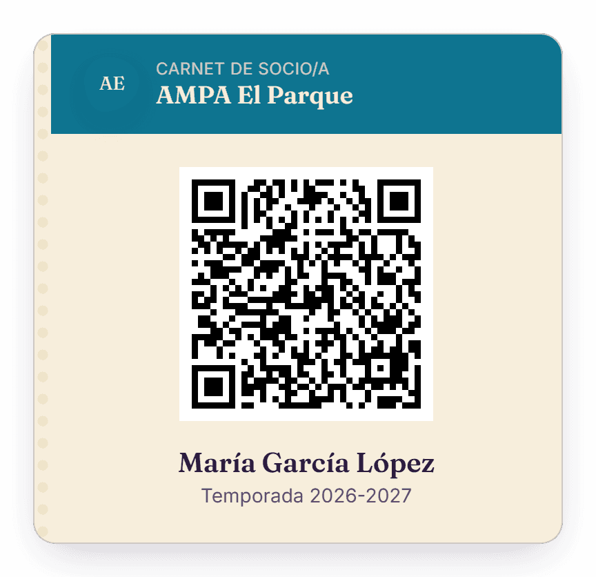 Carnet de socio de un AMPA de ejemplo: banda con el color de la asociación, código QR y el nombre del socio.